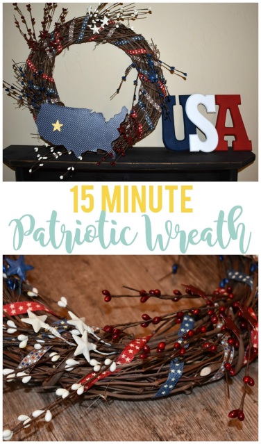 I love this easy 15 minute patriotic wreath!  I can use it for Memorial Day and the 4th of July.